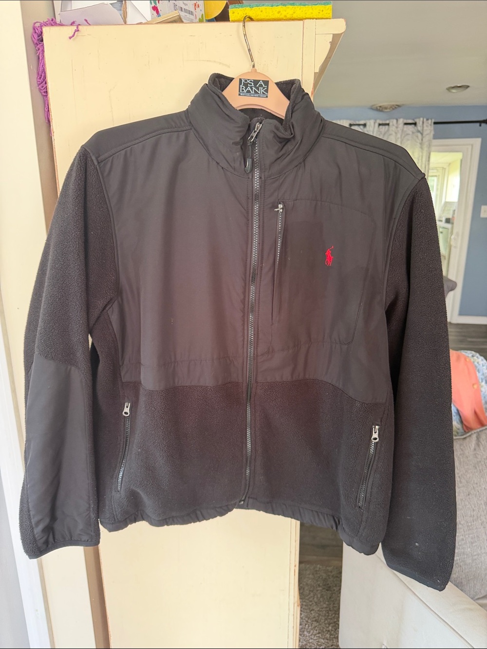 Polo by Ralph Lauren Black Fleece & Woven Panel Jacket with Red Logo